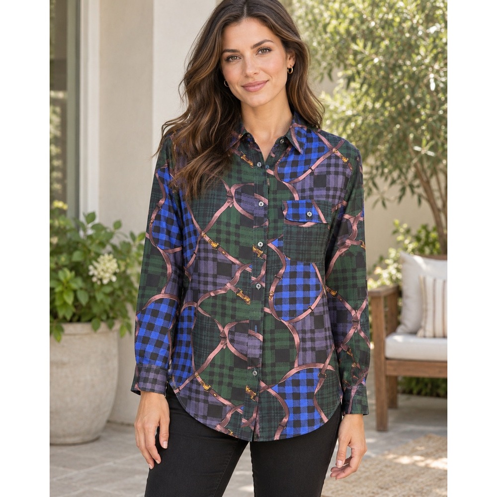 Diane Gilman 100% Silk Shirt Womens M Plaid Equestrian Bridle Button Up